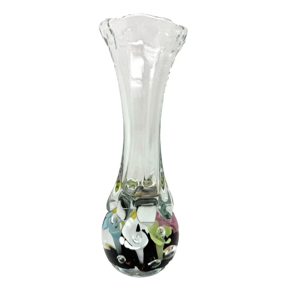 Vintage MCM St Clair Art Glass Bud Vase Pastel Flowers Handblown with Bubbles